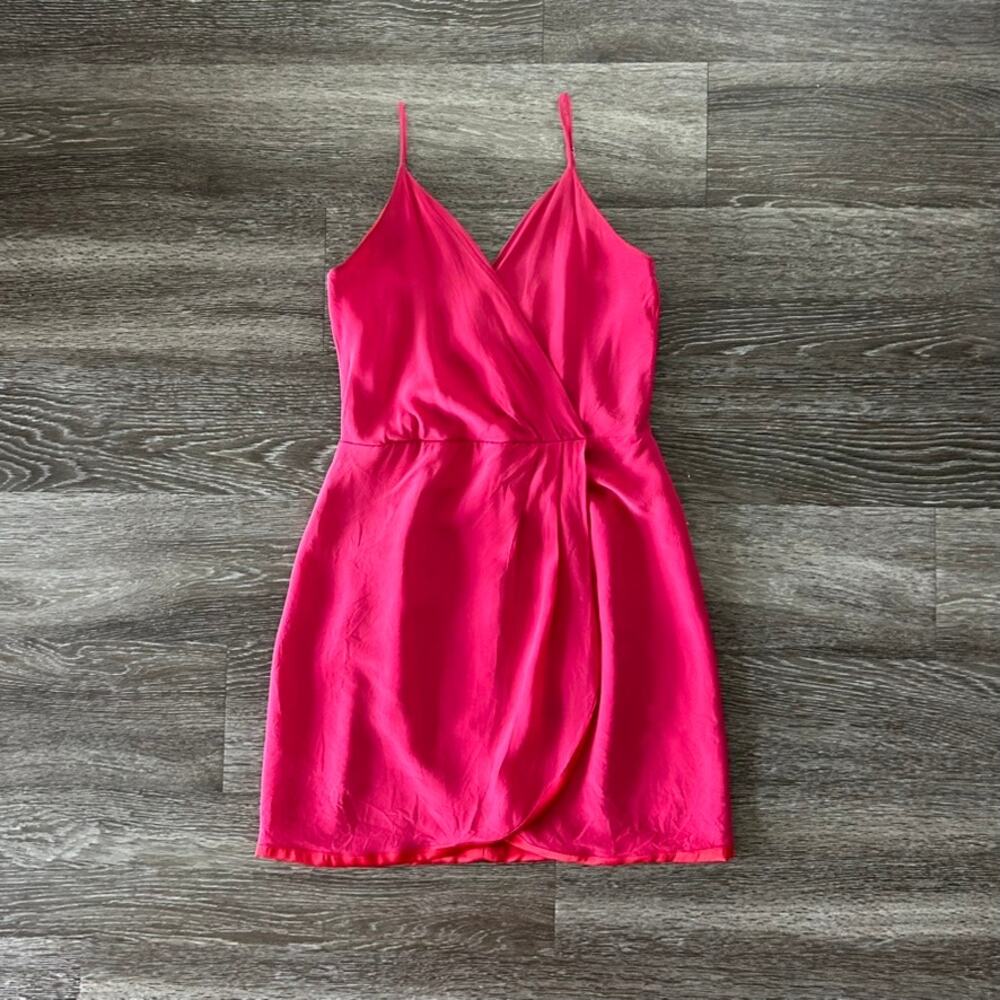 Lavender Brown Silk Hot Pink Faux Wrap Mini Dress Size S Made in USA